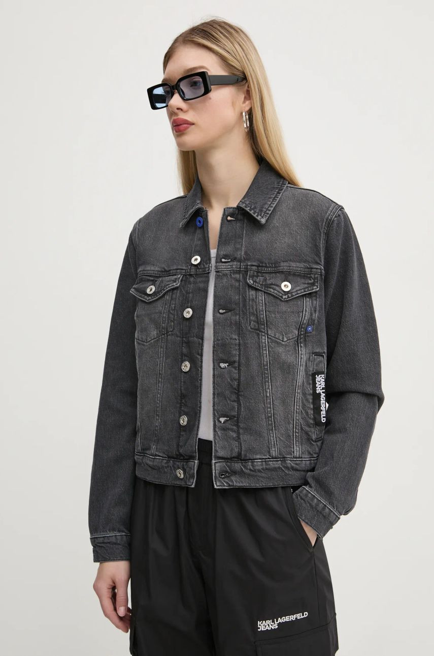 Rifľová bunda Karl Lagerfeld Jeans dámska, šedá farba, prechodná, A1W14012