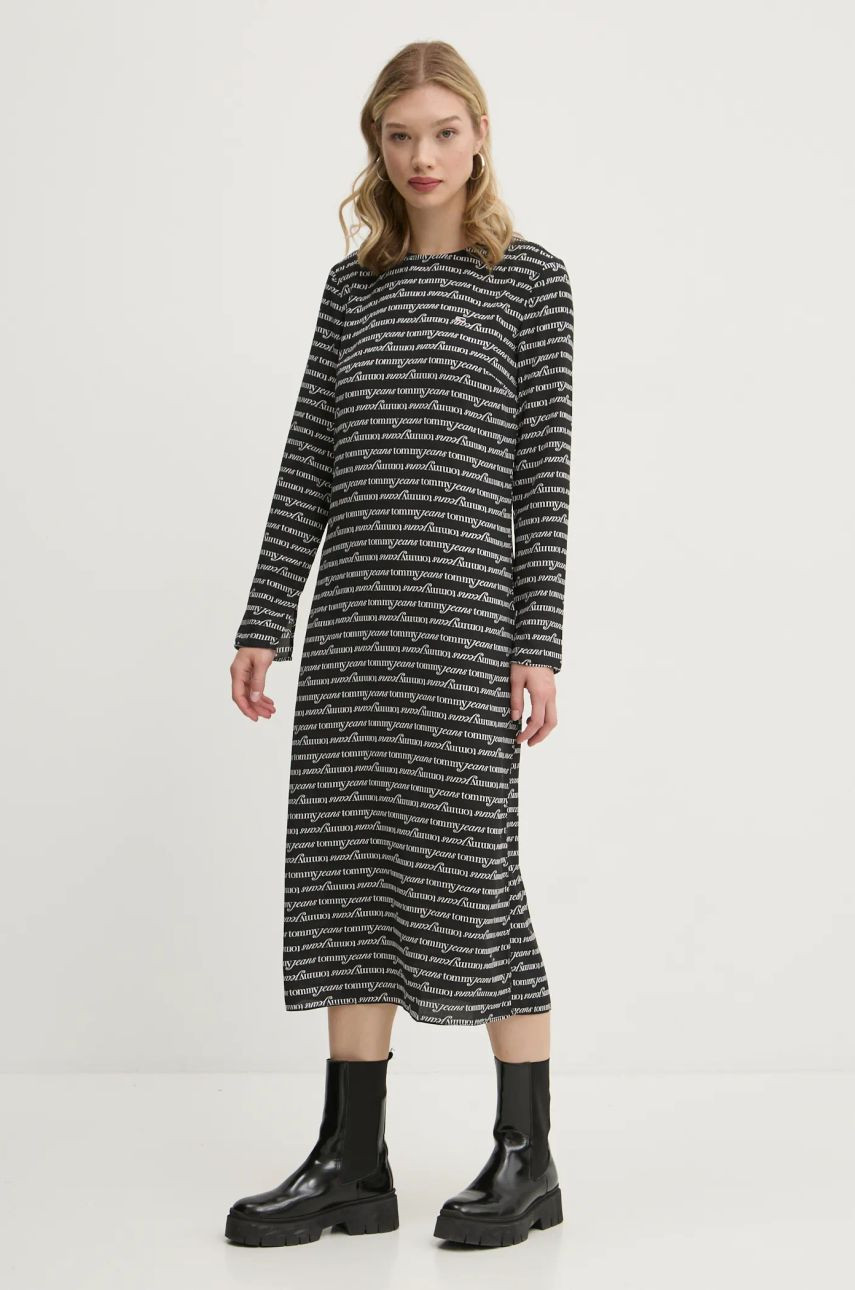 Šaty Tommy Jeans čierna farba, midi, rovný strih, DW0DW20456