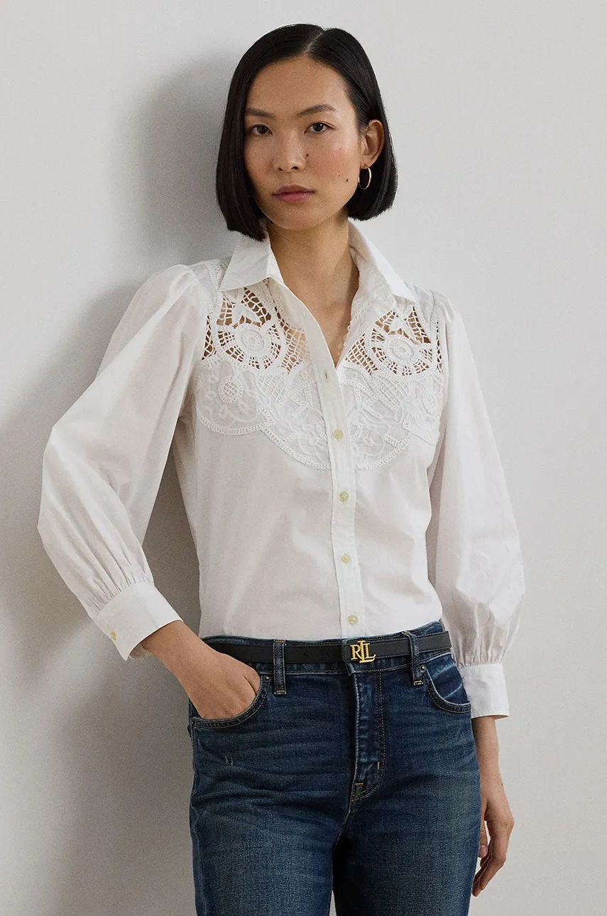 Bavlnená košeľa Lauren Ralph Lauren dámska, biela farba, regular, s klasickým golierom, 200957345