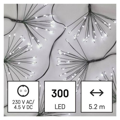 Vianočné osvetlenie EMOS 300 LED řetěz - svítící trsy, nano, 5,2 m, vnitřní, studená bílá, časovač (D3AC09) barva drátu: zelená
barva světla: studená
