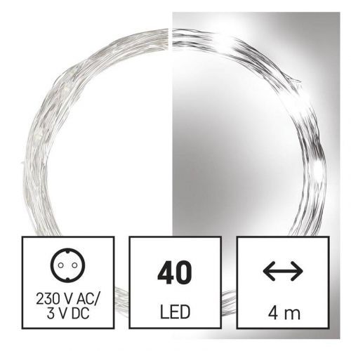 Vianočné osvetlenie EMOS 40 LED nano řetěz stříbrný, 4 m, venkovní i vnitřní, studená bílá, časovač (D3AC02) barva drátu: stříbrná
barva světla: stude