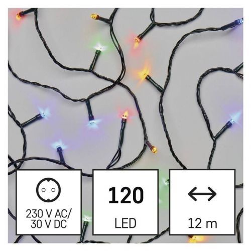 Vianočné osvetlenie EMOS 120 LED řetěz, 12 m, venkovní i vnitřní, multicolor, programy (D4AM08) barva drátu: zelená
barva světla: multicolor
časovač: