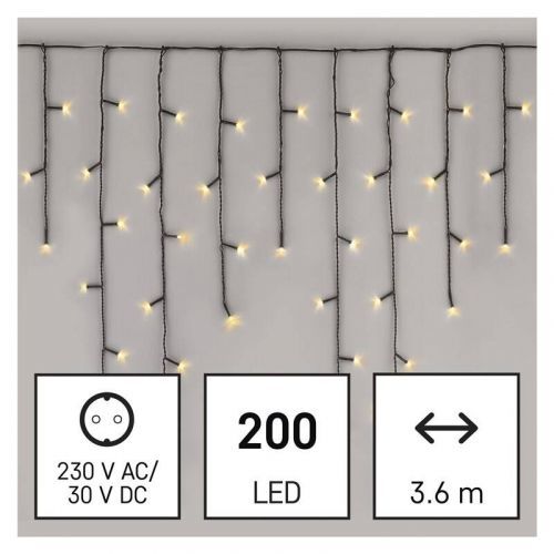 Vianočné osvetlenie EMOS 200 LED rampouchy, 3,6 m, venkovní i vnitřní, teplá bílá, programy (D4CW01) barva drátu: zelená
barva světla: teplá bílá
časo