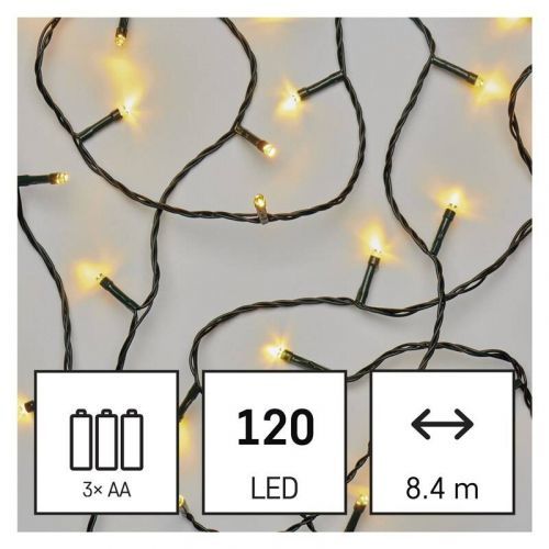 Vianočné osvetlenie EMOS 120 LED řetěz, 8,4 m, 3x AA, venkovní i vnitřní, teplá bílá, časovač (D4FW03) barva drátu: černá
barva světla: teplá bílá
čas