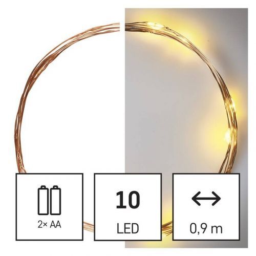 Vianočné osvetlenie EMOS 10 LED nano řetěz měděný, 0,9 m, 2x AA, vnitřní, teplá bílá, časovač (D3AW06) barva drátu: měděná
barva světla: teplá bílá
ča