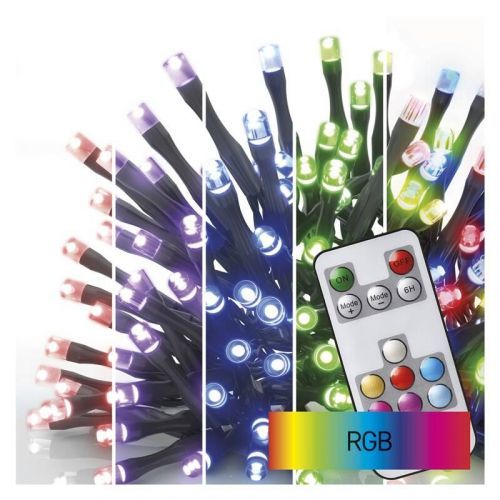 Vianočné osvetlenie EMOS 160 LED řetěz, 16 m, venkovní i vnitřní, RGB, ovladač, programy, časovač (D4AA04) barva drátu: černá
barva světla: RGB
časova