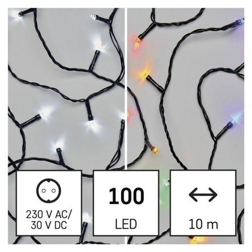 Vianočné osvetlenie EMOS 100 LED řetěz 2v1, 10 m, venkovní i vnitřní, studená bílá/multicolor, programy (D4AJ01) barva drátu: černá
barva světla: stud