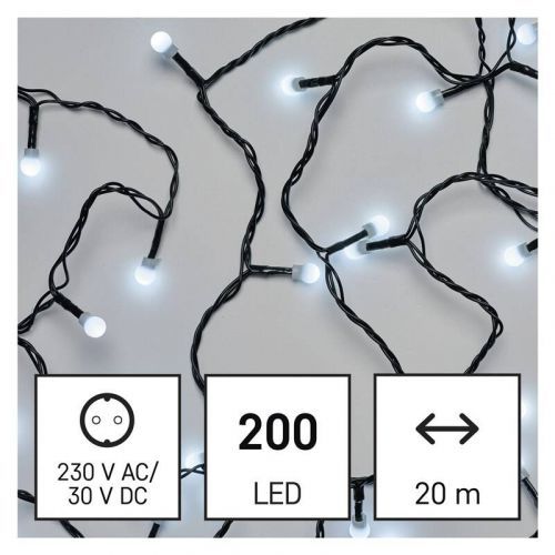 Vianočné osvetlenie EMOS 200 LED cherry řetěz - kuličky, 20 m, venkovní i vnitřní, studená bílá, programy (D5AC07) barva drátu: zelená
barva světla: s
