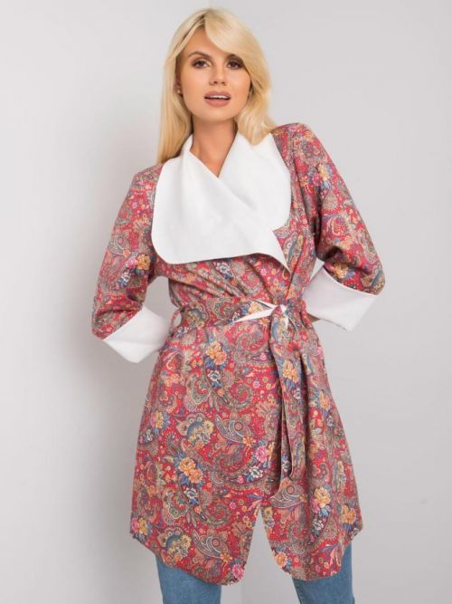 Červený vzorovaný kabát s opaskom ONE SIZE