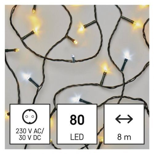 Vianočné osvetlenie EMOS 80 LED řetěz, 8 m, venkovní i vnitřní, teplá/studená bílá, časovač (D4AN04) barva drátu: černá
barva světla: studená/teplá bí