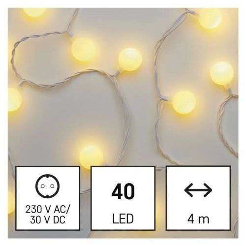 Vianočné osvetlenie EMOS 40 LED cherry řetěz - kuličky 2,5 cm, 4 m, venkovní i vnitřní, teplá bílá, časovač (D5AW01) barva drátu: bílá
barva světla: t