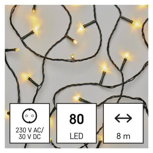 Vianočné osvetlenie EMOS 80 LED řetěz, 8 m, venkovní i vnitřní, teplá bílá, časovač (D4AW02) barva drátu: zelená
barva světla: teplá bílá
časovač: ano