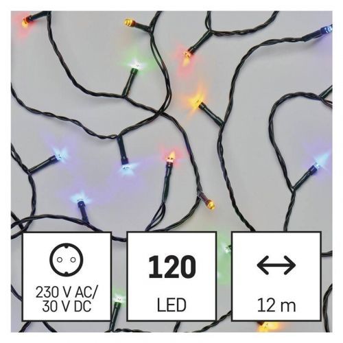 Vianočné osvetlenie EMOS 120 LED řetěz, 12 m, venkovní i vnitřní, multicolor, časovač (D4AM03) barva drátu: zelená
barva světla: multicolor
časovač: a