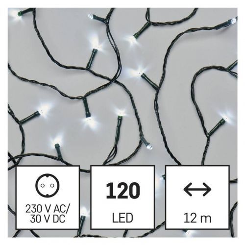 Vianočné osvetlenie EMOS 120 LED řetěz, 12 m, venkovní i vnitřní, studená bílá, časovač (D4AC03) barva drátu: zelená
barva světla: studená bílá
časova