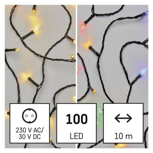 Vianočné osvetlenie EMOS 100 LED řetěz 2v1, 10 m, venkovní i vnitřní, teplá bílá/multicolor, programy (D4AH01) barva drátu: černá
barva světla: teplá