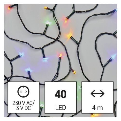 Vianočné osvetlenie EMOS 40 LED řetěz, 4 m, venkovní i vnitřní, multicolor, časovač (D4AM01) barva drátu: zelená
barva světla: multicolor
časovač: ano