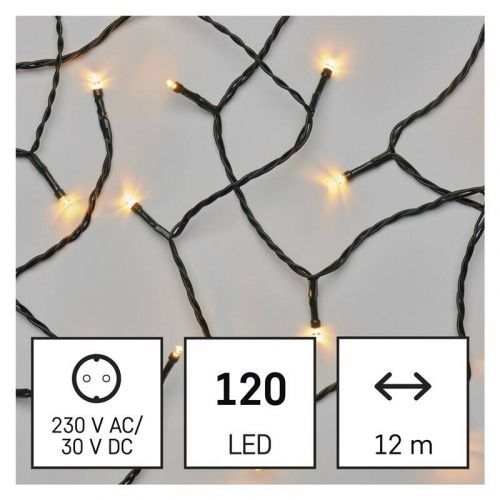 Vianočné osvetlenie EMOS 120 LED řetěz, 12 m, venkovní i vnitřní, vintage, časovač (D4AV03) barva drátu: zelená
barva světla: vintage
časovač: ano
dál