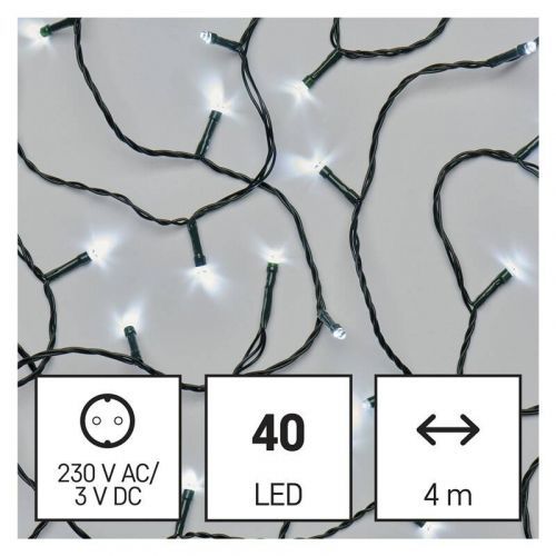 Vianočné osvetlenie EMOS 40 LED řetěz, 4 m, venkovní i vnitřní, studená bílá, časovač (D4AC01) barva drátu: zelená
barva světla: studená bílá
časovač: