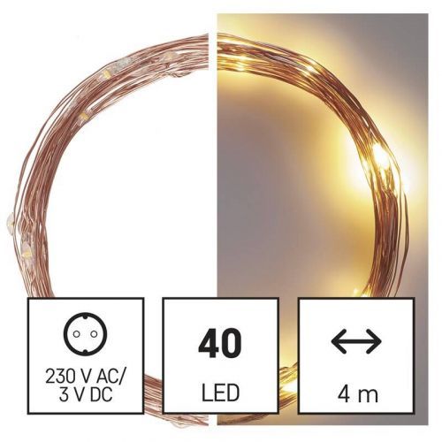 Vianočné osvetlenie EMOS 40 LED nano řetěz měděný, 4 m, venkovní i vnitřní, teplá bílá, časovač (D3AW01) barva drátu: měděná
barva světla: teplá bílá