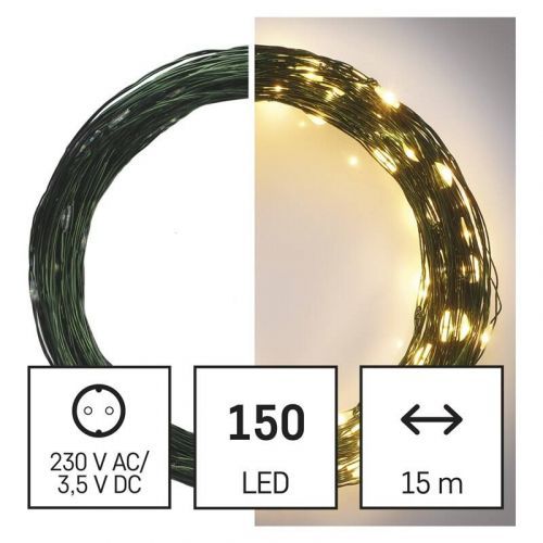 Vianočné osvetlenie EMOS 150 LED nano řetěz zelený, 15 m, venkovní i vnitřní, teplá bílá, časovač (D3AW05) barva drátu: zelená
barva světla: teplá bíl