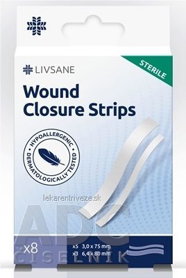 LIVSANE Náplasťové stehy STERILE 2 veľkosti (3x75 mm, 6,4x80 mm) 1x8 ks