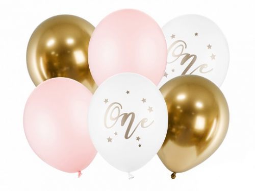 PartyDeco Latexové balóny - Prvé narodeniny ružové 6 ks