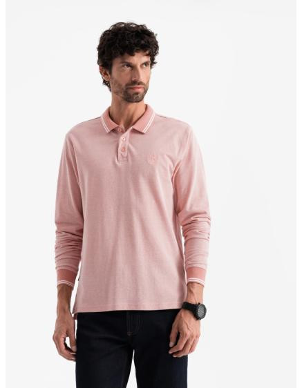 Pánska vyšívaná melanžová polokošeľa s dlhým rukávom - ružová melanž V2