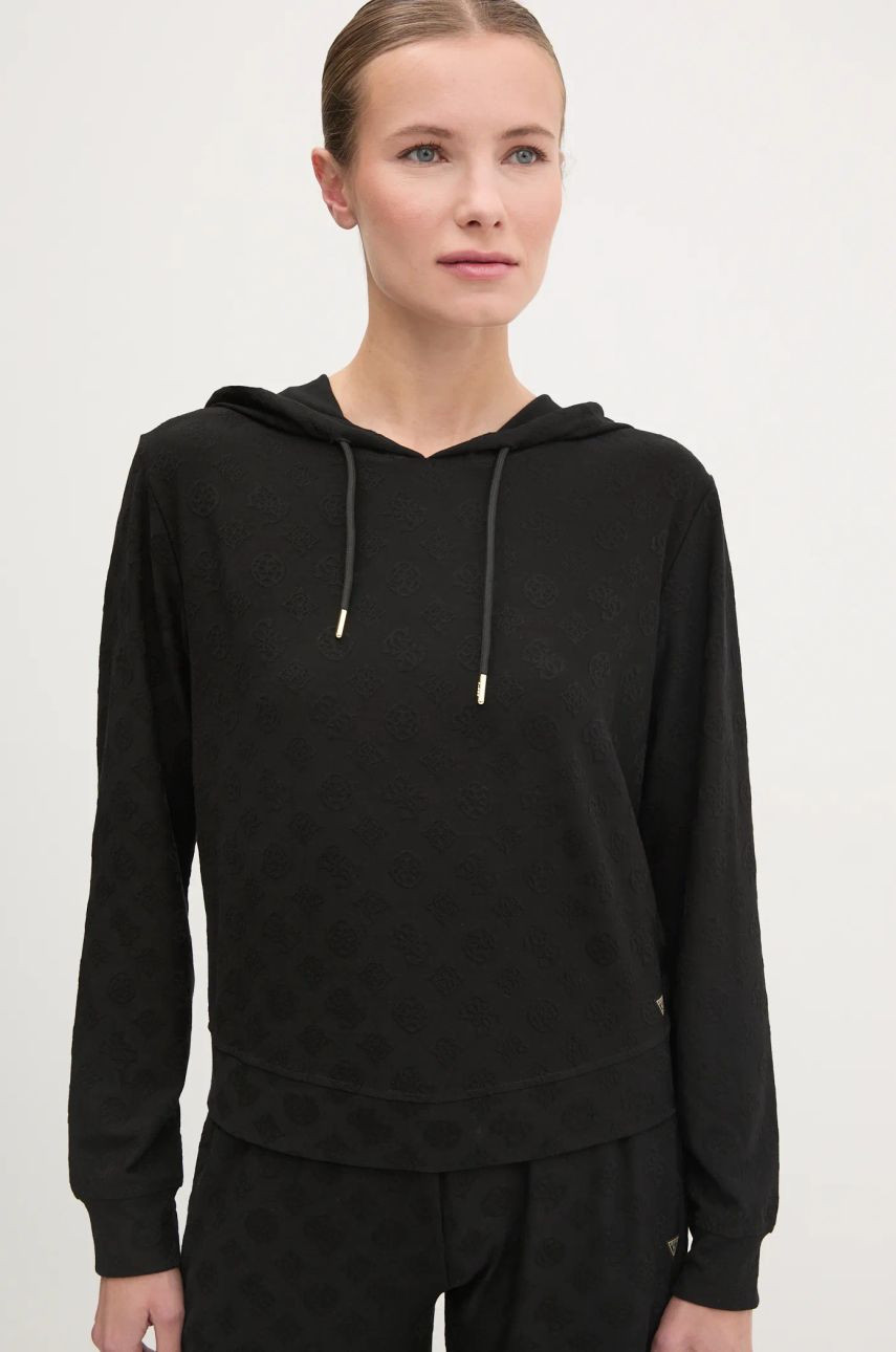 Mikina Guess MONICA dámska, čierna farba, s kapucňou, vzorovaná, V5RQ21 KCLG2