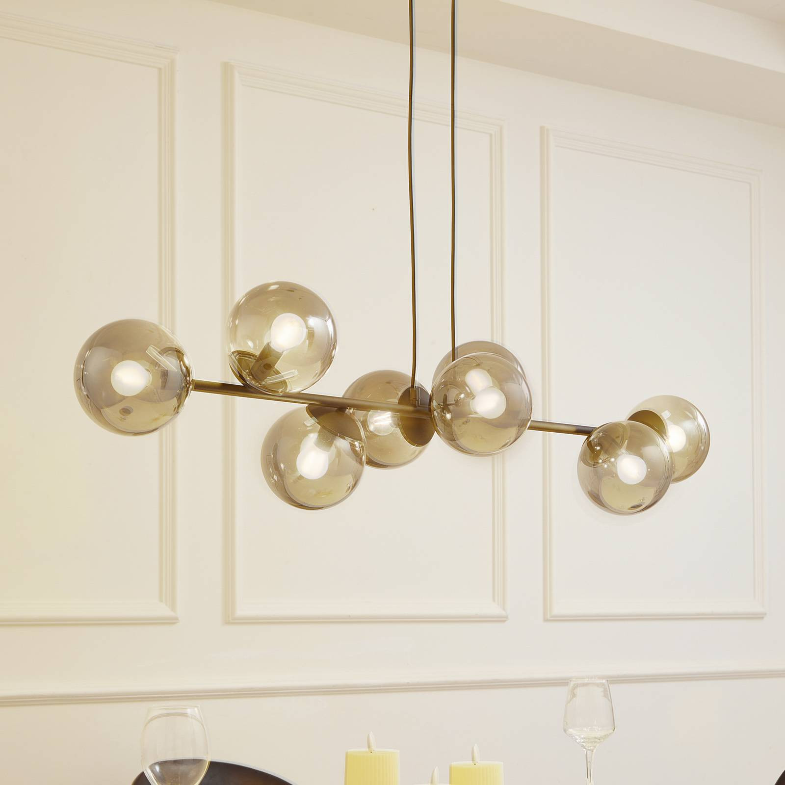 Závesné svietidlo Lindby Isamer, dymovo sivé, dĺžka 130 cm