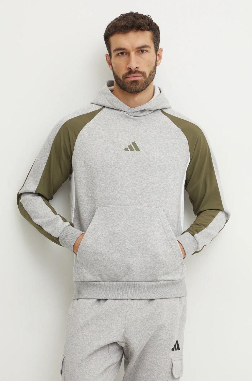 Mikina adidas Essential Colorblock pánska, šedá farba, s kapucňou, vzorovaná, JC6185