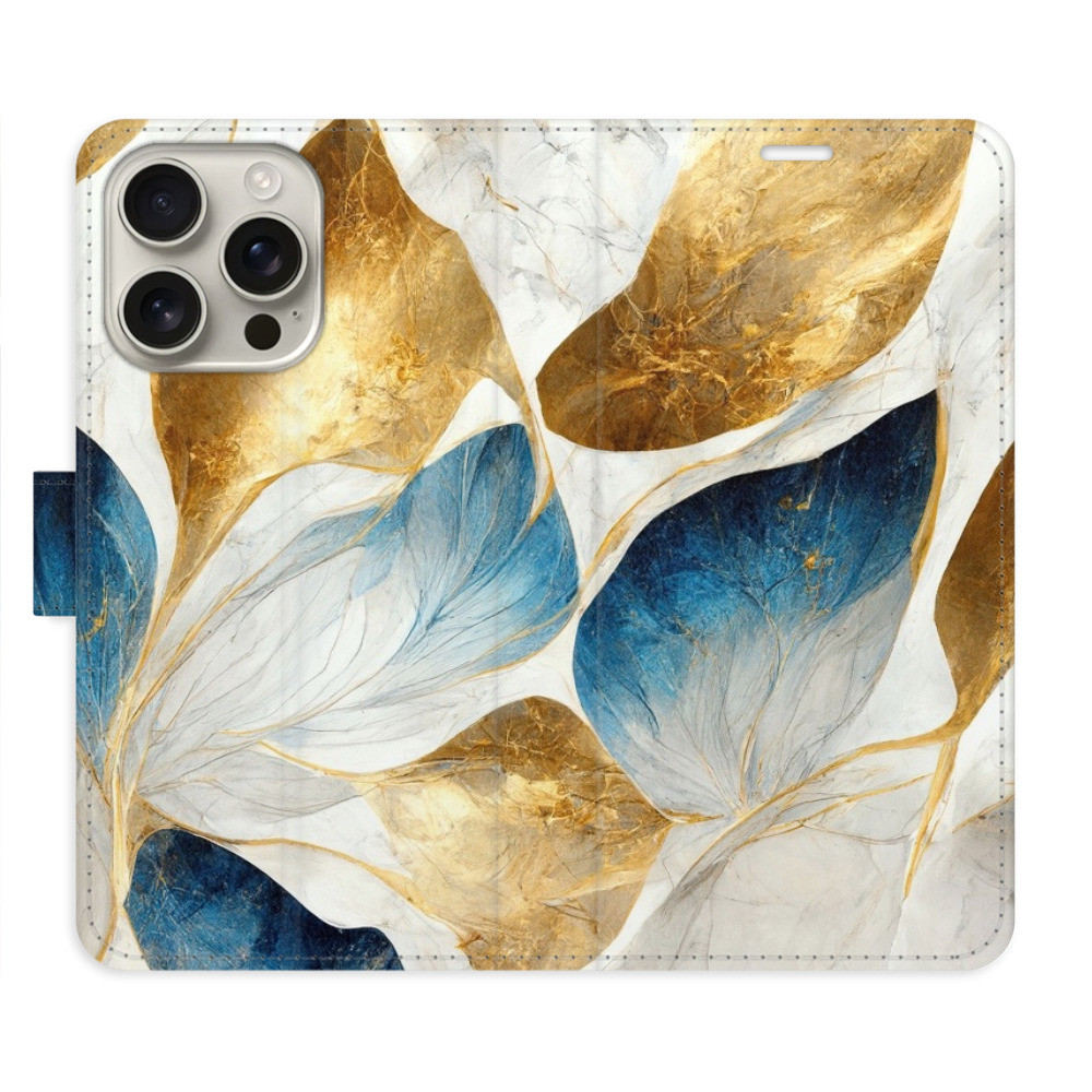 Flipové puzdro iSaprio - GoldBlue Leaves - iPhone 16 Pro