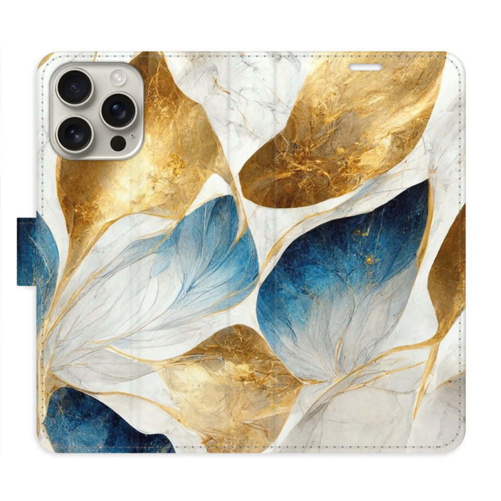 Flipové puzdro iSaprio - GoldBlue Leaves - iPhone 16 Pro Max