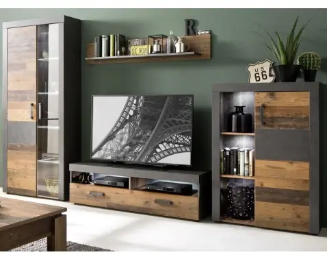 Obývacia stena Indy, s osvetlením,  vintage optika%