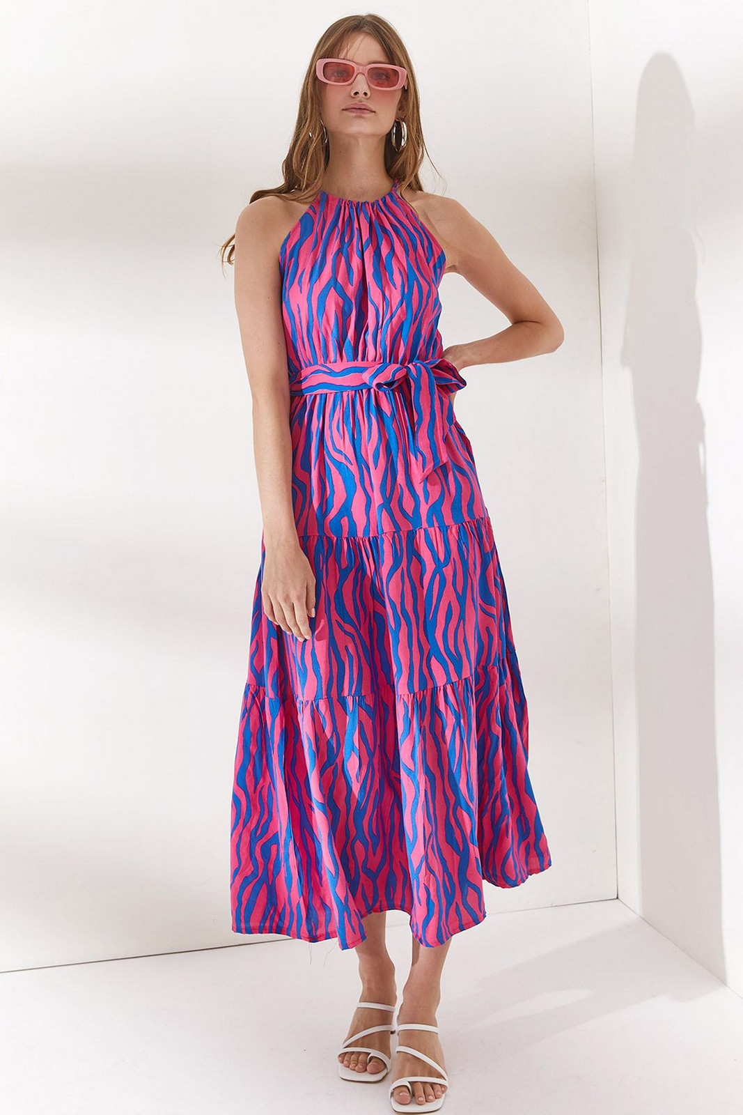 Olalook Women's Zebra Fuchsia Halter Neck Belted Woven Viscon Dress