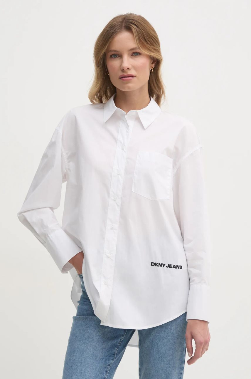Košeľa Dkny dámska, biela farba, voľný strih, s klasickým golierom, DJ4W2094