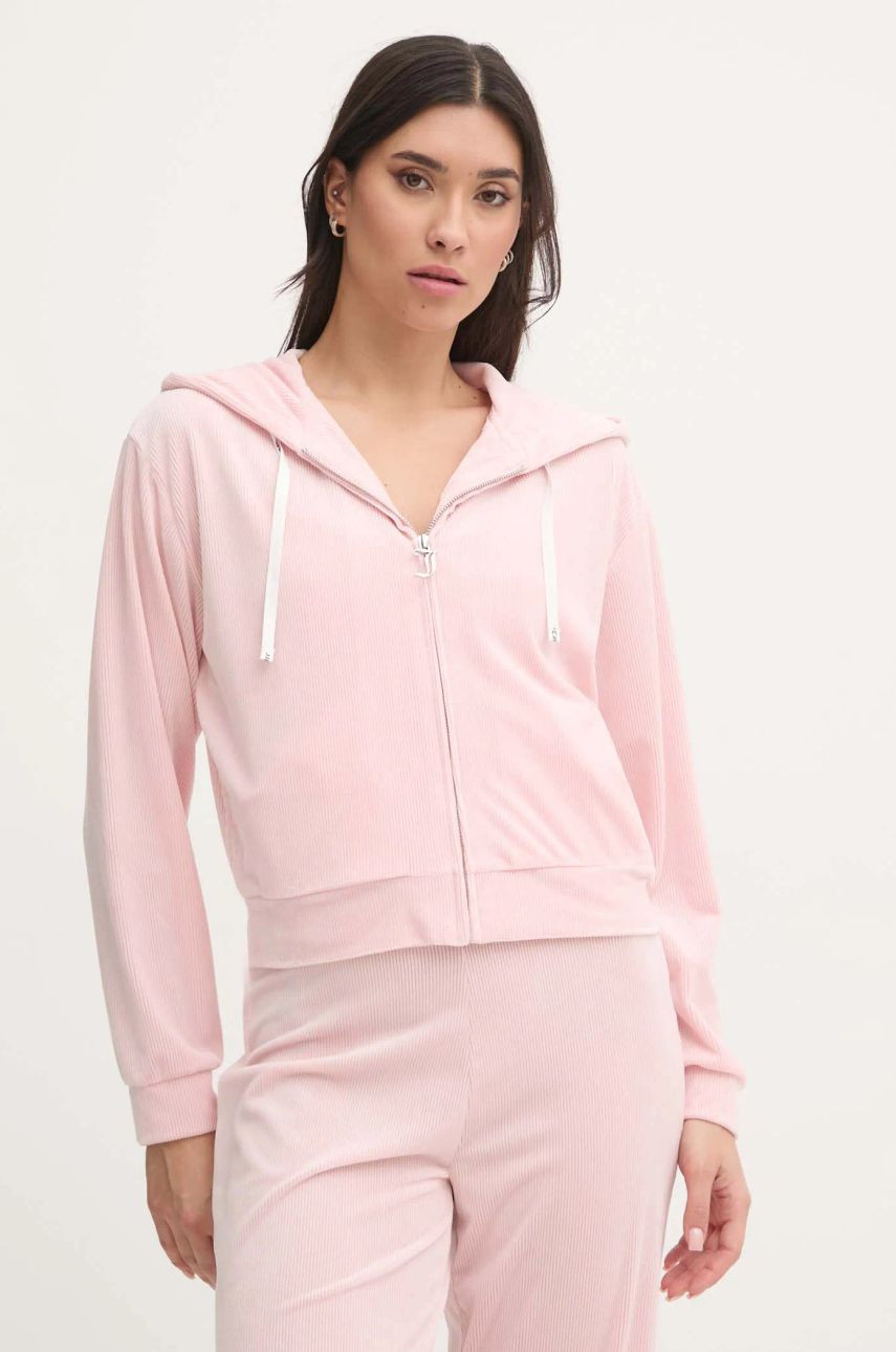 Pyžamová mikina Juicy Couture LIV RIB VELOUR HOODIE dámska, ružová farba, JCLBJ125503