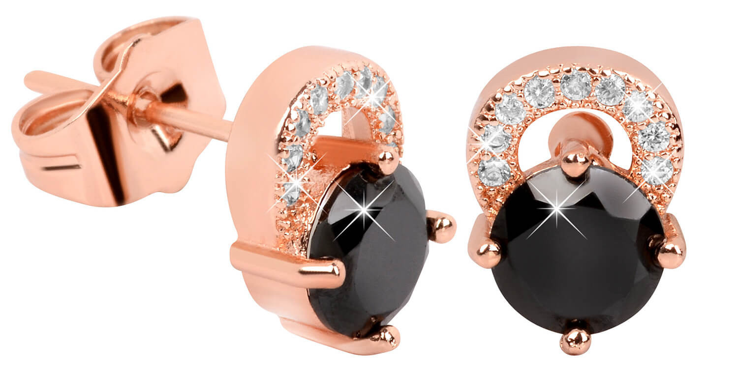 Troli Ružovo pozlátené trblietavé náušnice s čiernymi kryštálmi