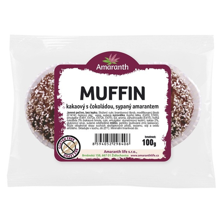 AMARANTH Bezlepkový muffin kakaový s čokoládou sypaný amarantom 2 kusy