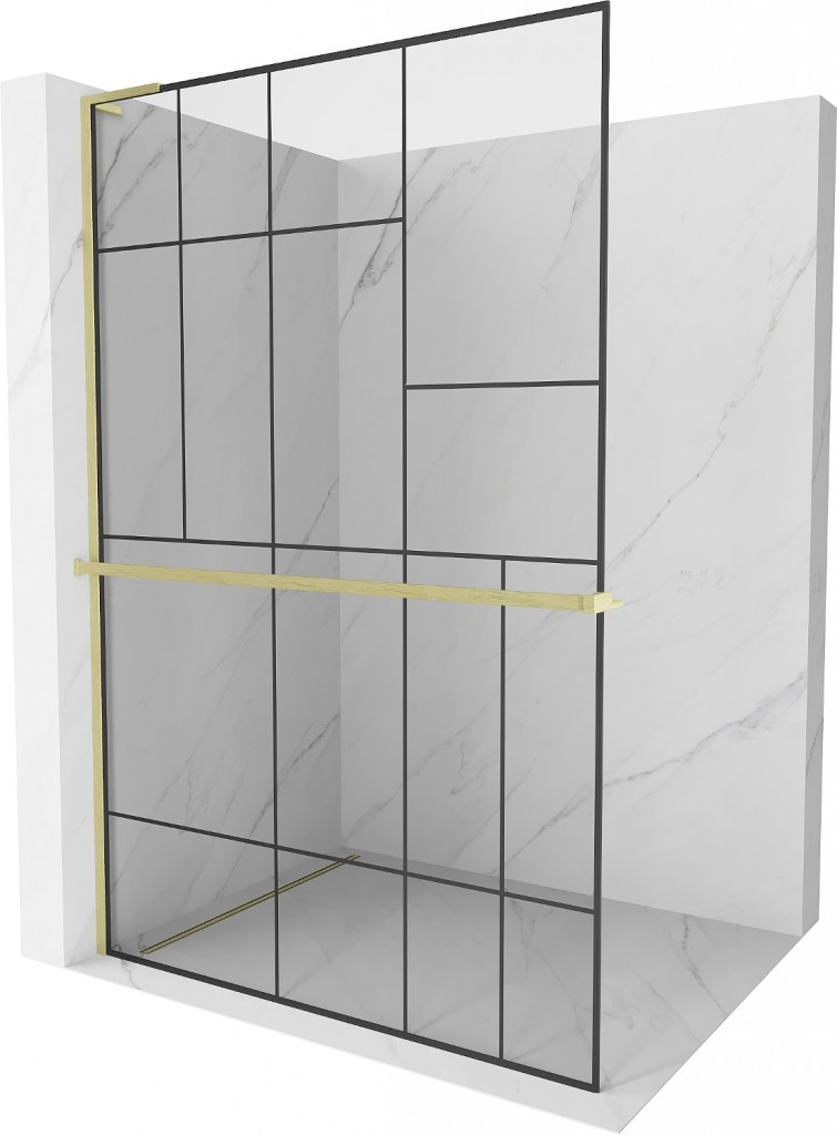 MEXEN/S - Kioto+ L Sprchová zástena WALK-IN s poličkou a držiakom uterákov 110 x 200 cm, čierny vzor, zlatá kartáčovaná 800-110-123-55-78