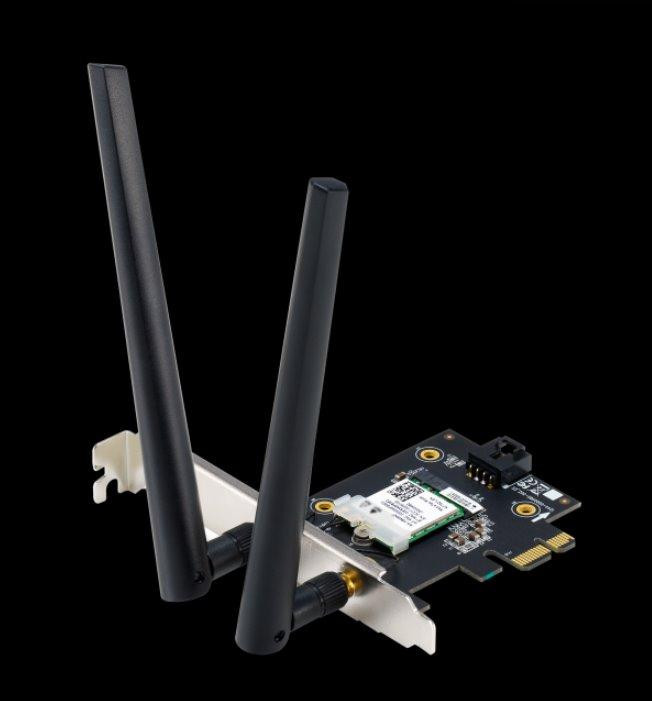 ASUS PCE-AXE5400, WiFi 6E PCI-E adaptér s 2 externými anténami. Podpora pásma 6 GHz, 160 MHz, Bluetooth 5.2