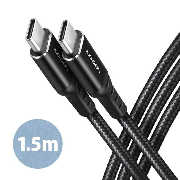 AXAGON BUCM-CM15AB, HQ kábel USB-C <-> USB-C, 1.5m, USB 2.0, PD 60W 3A, ALU, oplet, čierny