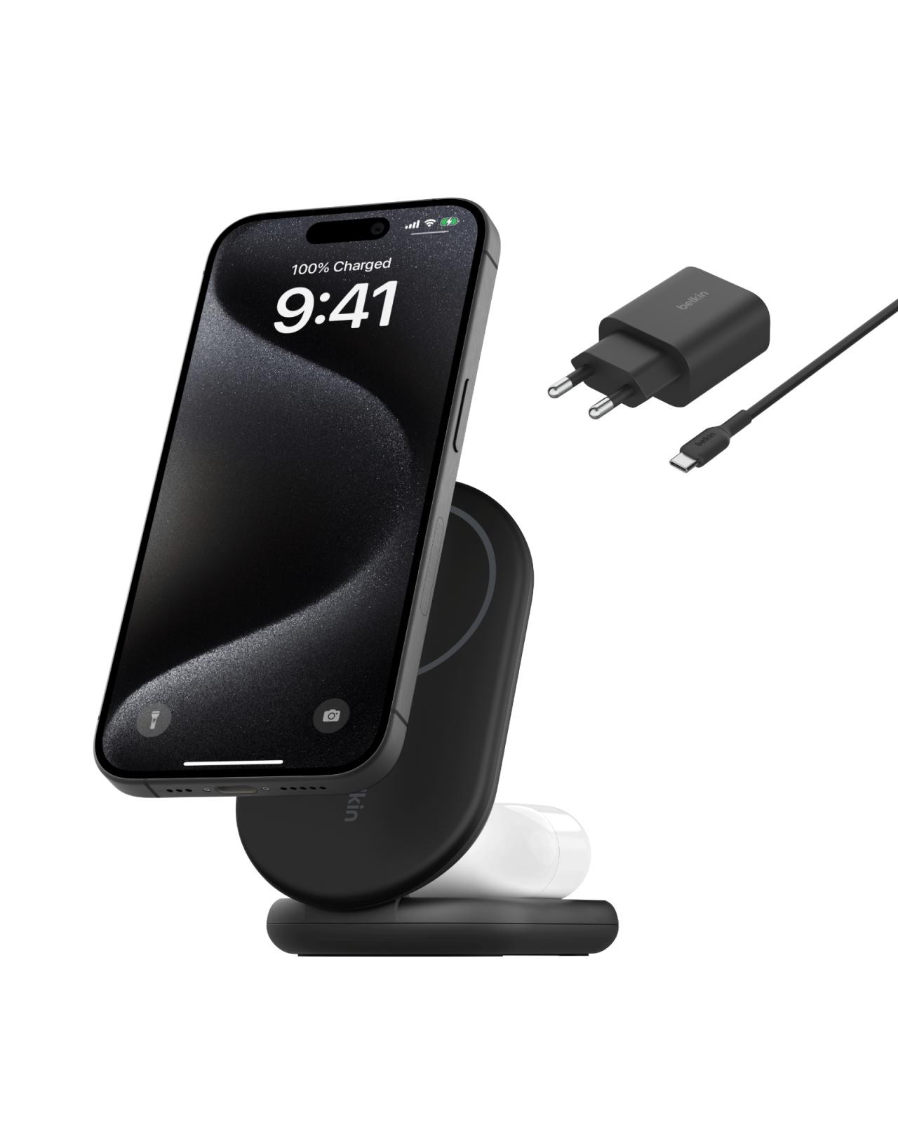 Belkin BOOST CHARGE ™ Qi2 15W 2v1 Magnetický nabíjací stojan, skladacia, čierna