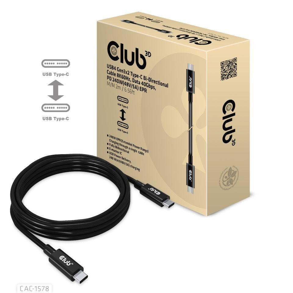 Club3D Kábel USB4 Gen3x2 Type-C Obojstranný kábel 8K60Hz, Data 40 Gbps, PD 240W(48V/5A) EPR M/M 2m