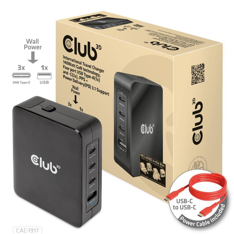Club3D cestovná nabíjačka 140W GaN technológia, 3xUSB-C, 1xUSB-A, PPS + PD 3.1 Support