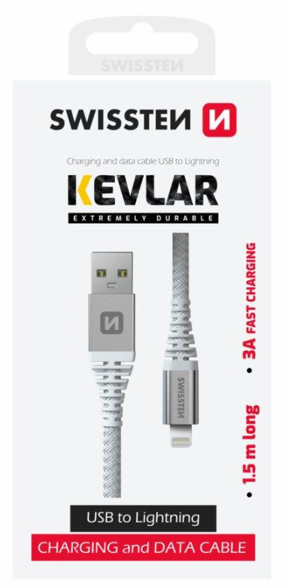 SWISSTEN DÁTOVÝ KÁBEL KEVLAR USB / LIGHTNING 1,5 M BIELÝ