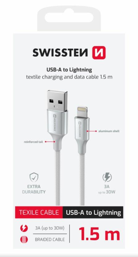 SWISSTEN DÁTOVÝ KÁBEL TEXTILE II USB / LIGHTNING 1,5 M BIELÝ