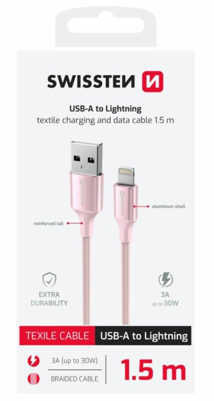 SWISSTEN DÁTOVÝ KÁBEL TEXTILE II USB / LIGHTNING 1,5 M RUŽOVÝ