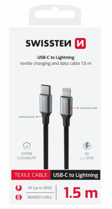 SWISSTEN DÁTOVÝ KÁBEL TEXTILE II USB-C / LIGHTNING 1,5 M ČIERNY