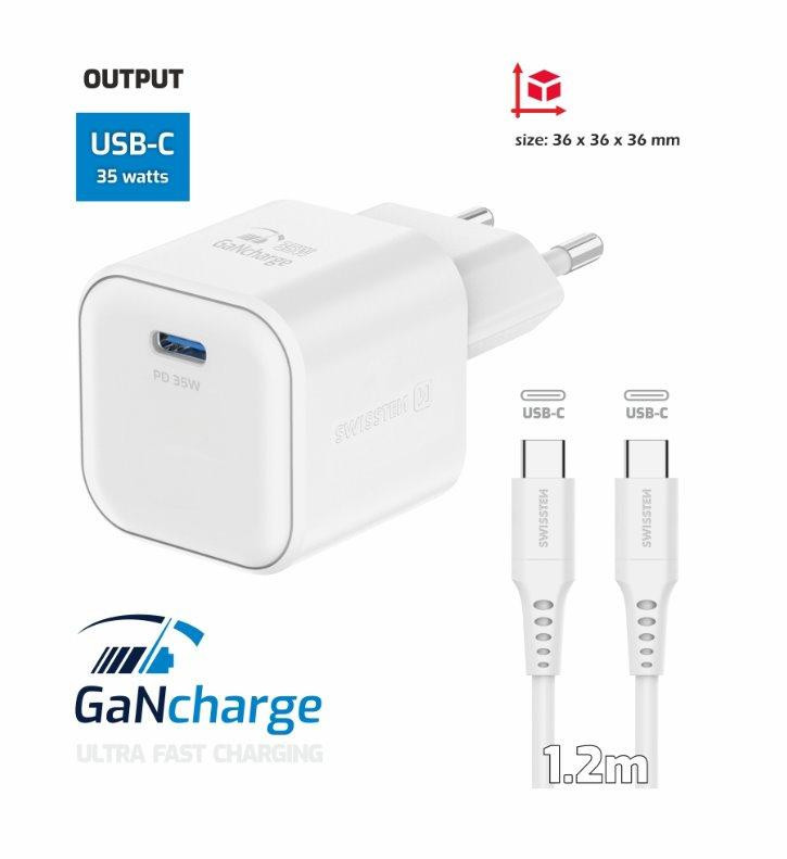 SWISSTEN SIEŤOVÝ ADAPTÉR GaN 1x USB-C 35W POWER DELIVERY BIELÝ + DÁTOVÝ KÁBEL USB-C/USB-C 1,2 M BIELÝ