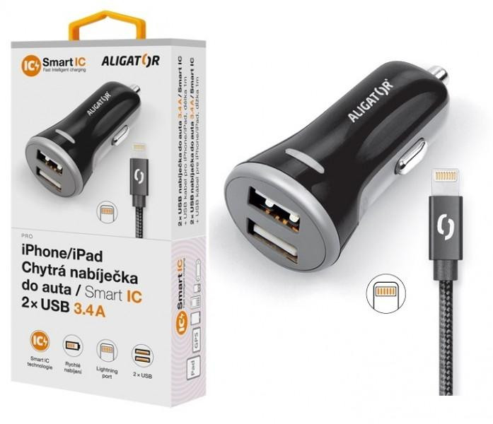 ALIGATOR 3.4A, 2xUSB, smart IC, čierna, USB kábel pre iPhone / iPad